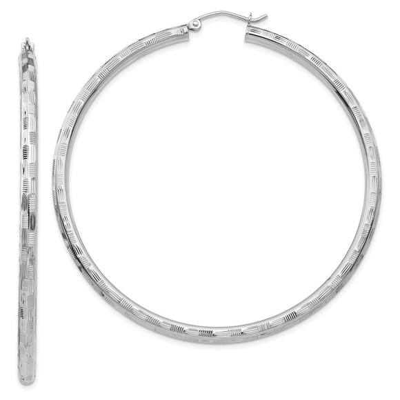 Million Charms 14k White Gold Diamond-cut Hoop Earrings 60 L x 3 mm W